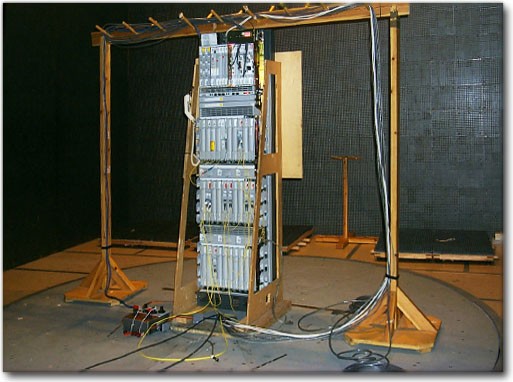 Telecommunications equipment ready for EMC testing in the anechoic chamber